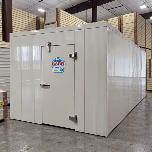 Barr 9'10" x 32'7" x 8'H Walk-In Cold Room without Floor — supplier gallery view 1; White walk-in cooler unit with open hinged door, featuring insulated panel wall