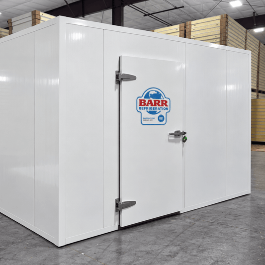 Barr 11'6" x 6'6" x 8'H Walk-In Cold Room without Floor — supplier gallery view 1; White walk-in cooler unit front right view