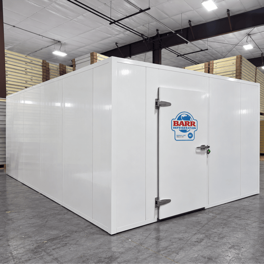Barr 11'6" x 9'10" x 8'H Walk-In Cold Room without Floor — supplier gallery view 1; White walk-in cooler unit front left view