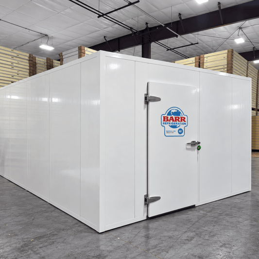 Barr 11'6" x 26'1" x 8'H Walk-In Cold Room without Floor — supplier gallery view 1; White walk-in cooler unit front side view