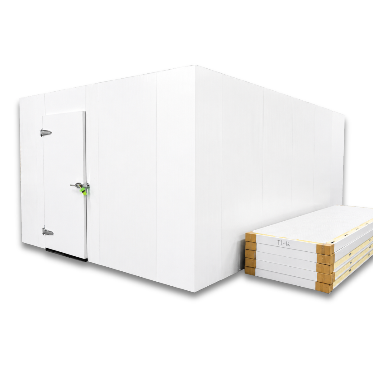 Barr 11'6" x 19'7" x 8'H Walk-In Cold Room without Floor — supplier gallery view 2; White walk-in cooler unit with closed hinged door, featuring insulated panel walls front right view