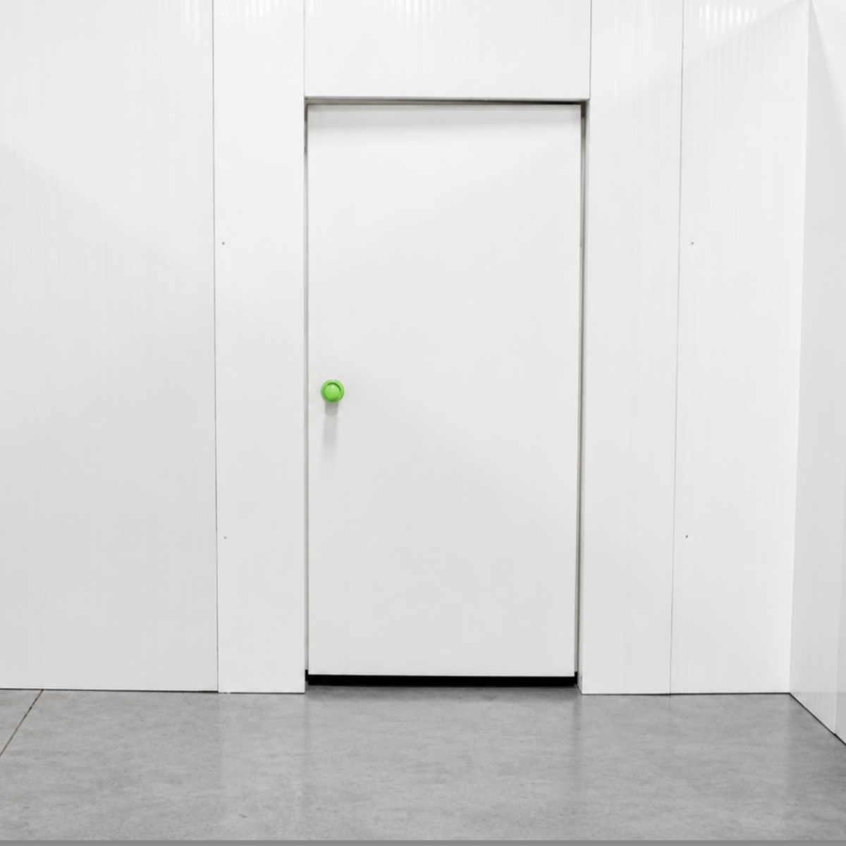 Barr 11'6" x 19'7" x 8'H Walk-In Cold Room without Floor — supplier gallery view 5; White walk-in cooler unit with closed hinged door, featuring insulated panel walls inside view