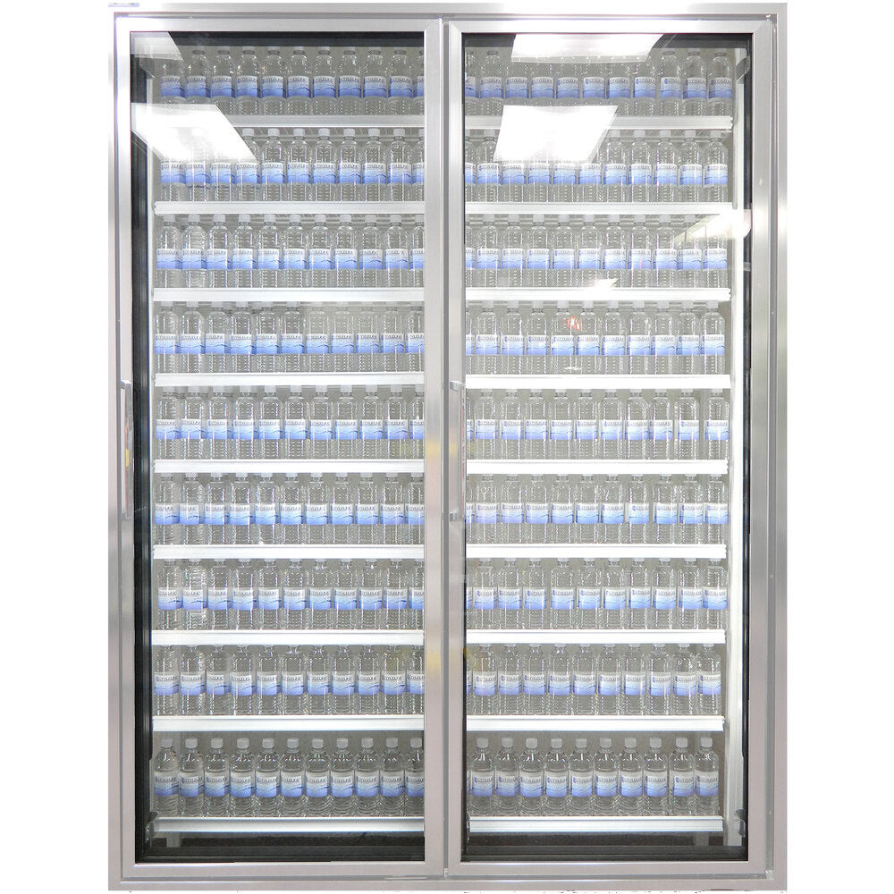 Styleline CL3080-LT Walk-In Merchandiser Doors with Shelving — supplier gallery view 13; A Styleline walk-in freezer merchandiser with glass doors filled with bottles of water.