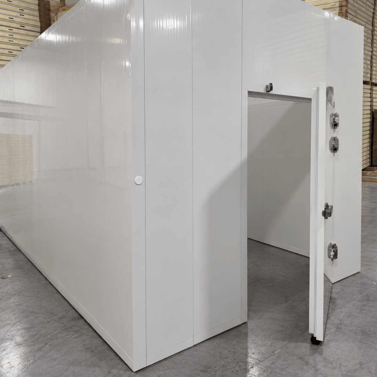 Barr 8'3" x 24'8" x 10'H Walk-In Cold Room without Floor — supplier gallery view 1; White walk-in cooler unit with open hinged door, showing interior and insulated panel walls