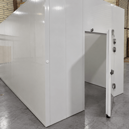 Barr 8'3" x 24'8" x 10'H Walk-In Cold Room without Floor — supplier gallery view 1; White walk-in cooler unit with open hinged door, showing interior and insulated panel walls