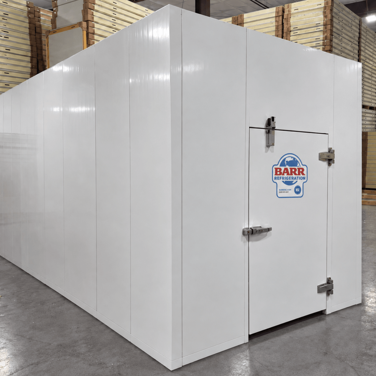 Barr 9'10" x 22'10" x 10'H Walk-In Cold Room without Floor — supplier gallery view 1; White walk-in cooler unit  front left view