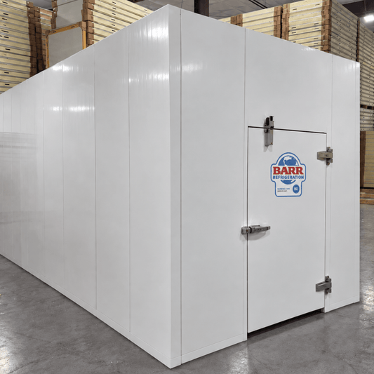 Barr 9'10" x 22'10" x 10'H Walk-In Cold Room without Floor — supplier gallery view 1; White walk-in cooler unit  front left view