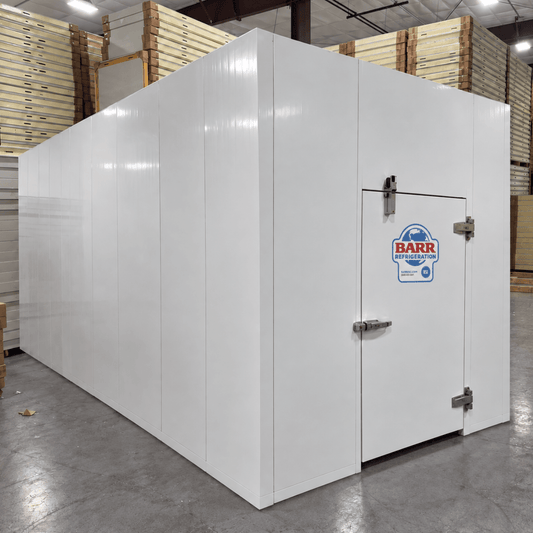 Barr 9'10" x 11'6" x 10'H Walk-In Cold Room without Floor — supplier gallery view 1; White walk-in cooler unit front right view