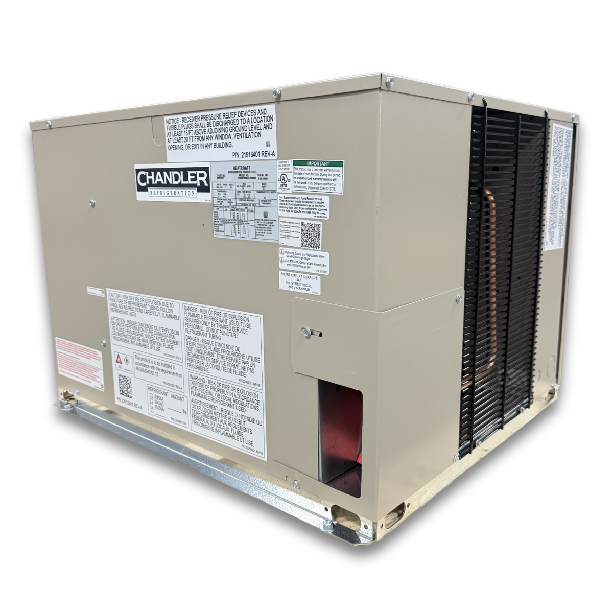 Chandler HCH0010MBACYA0000 1 HP Medium Temp Condensing Unit — supplier gallery view 1; Beige condensing unit with side front view showing labels.