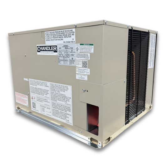 Chandler HCH0010MBACYA0000 1 HP Medium Temp Condensing Unit — supplier gallery view 1; Beige condensing unit with side front view showing labels.