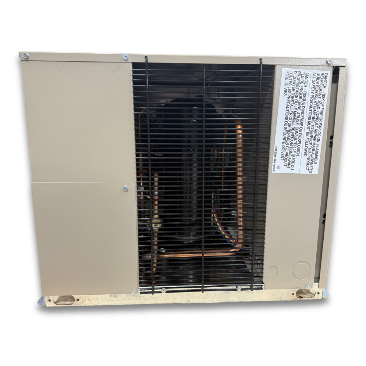 New 1 HP Medium Temp System, 1 phase 208-230 volt — supplier gallery view 3; Beige condensing unit with front view showing the interior