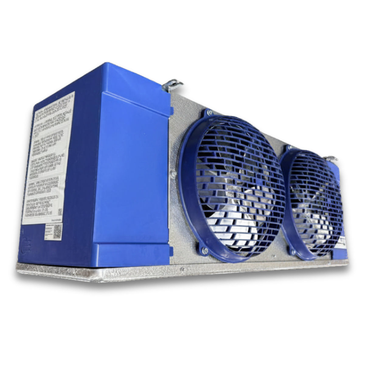 Chandler HEL0095AY6AMAG0210 Air Defrost Evaporator with IntelliGen — supplier gallery view 3; Blue/gray evaporator with two fans front side view showing labels.