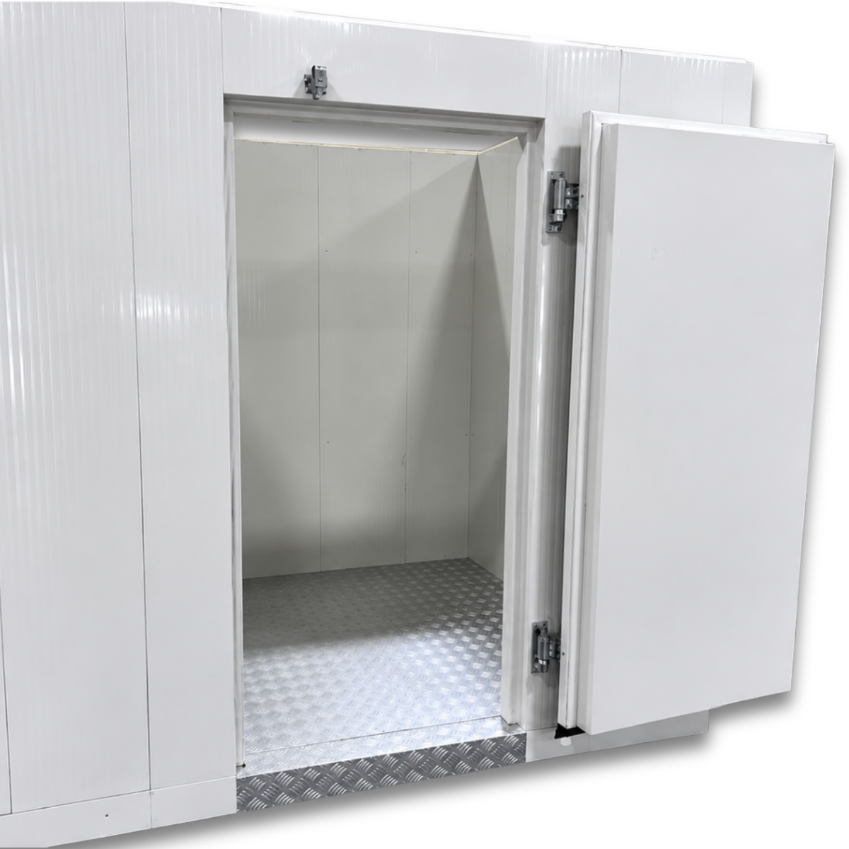 Barr 6'7" x 8'3" x 8'2"H Walk-In Cold Room with Floor — supplier gallery view 2; White walk-in cooler with insulated panels and floor, open door revealing diamond-plate flooring and interior
