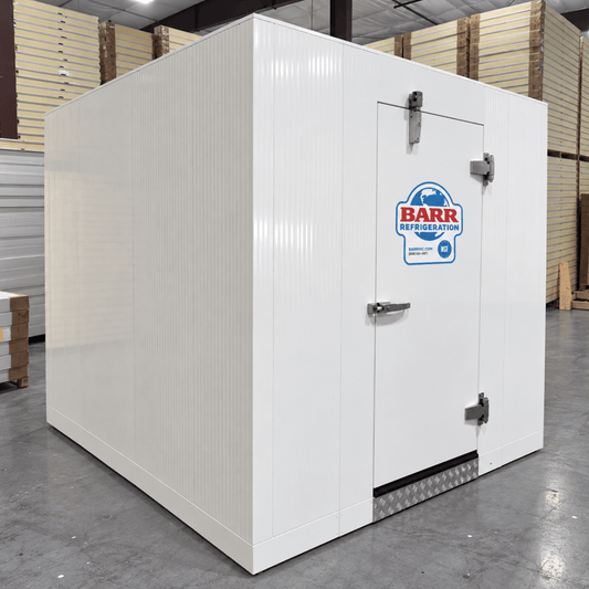 Barr 8'3" x 8'3" x 8'2"H Walk-In Cold Room with Floor — supplier gallery view 1; White walk-in cooler with insulated panels and floor front left view