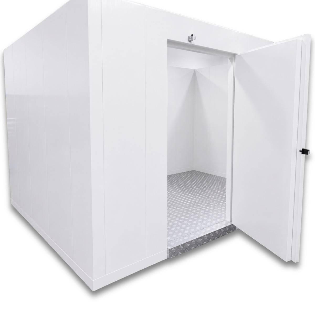 Barr 8'3" x 11'6" x 8'2"H Walk-In Cold Room with Floor — supplier gallery view 2; White walk-in cooler with insulated panels and floor front left view with door open