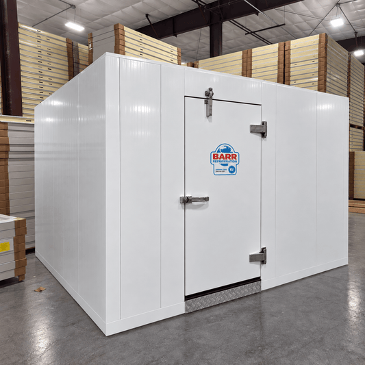 Barr 8'3" x 11'6" x 8'2"H Walk-In Cold Room with Floor — supplier gallery view 1; White walk-in cooler with insulated panels and floor front left view