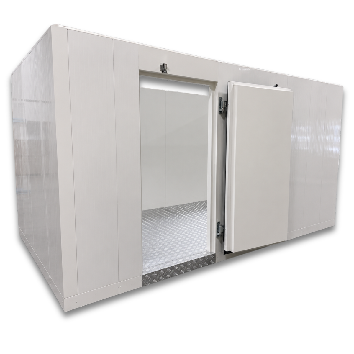 Barr 8'3" x 14'10" x 8'2"H Walk-In Cold Room with Floor — supplier gallery view 2; White walk-in cooler with insulated panels and floor front left door open view