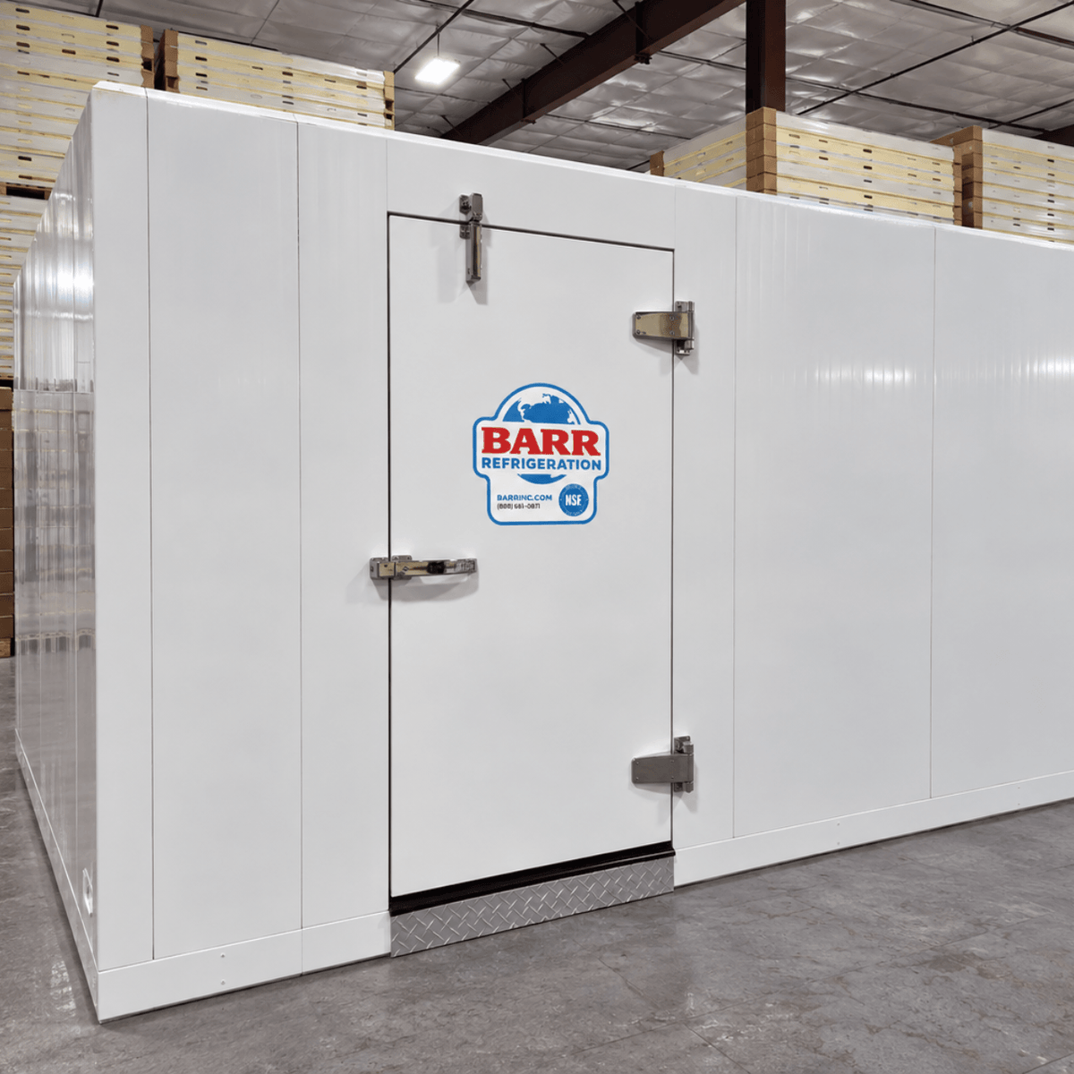 Barr 8'3" x 14'10" x 8'2"H Walk-In Cold Room with Floor — supplier gallery view 1; White walk-in cooler with insulated panels and floor  front left view