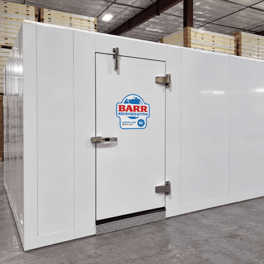 Barr 8'3" x 14'10" x 8'2"H Walk-In Cold Room with Floor — supplier gallery view 1; White walk-in cooler with insulated panels and floor  front left view
