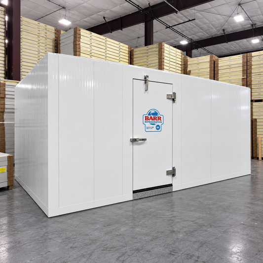 Barr 8'3" x 18'1" x 8'2"H Walk-In Cold Room with Floor — supplier gallery view 1; White walk-in cooler with insulated panels and floor front view