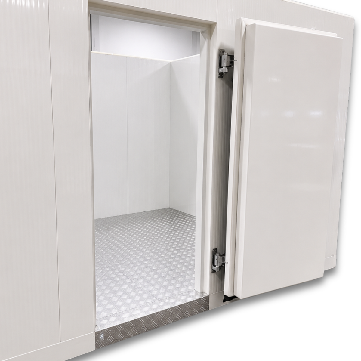 Barr 8'3" x 18'1" x 8'2"H Walk-In Cold Room with Floor — supplier gallery view 2; White walk-in cooler with insulated panels and floor door view