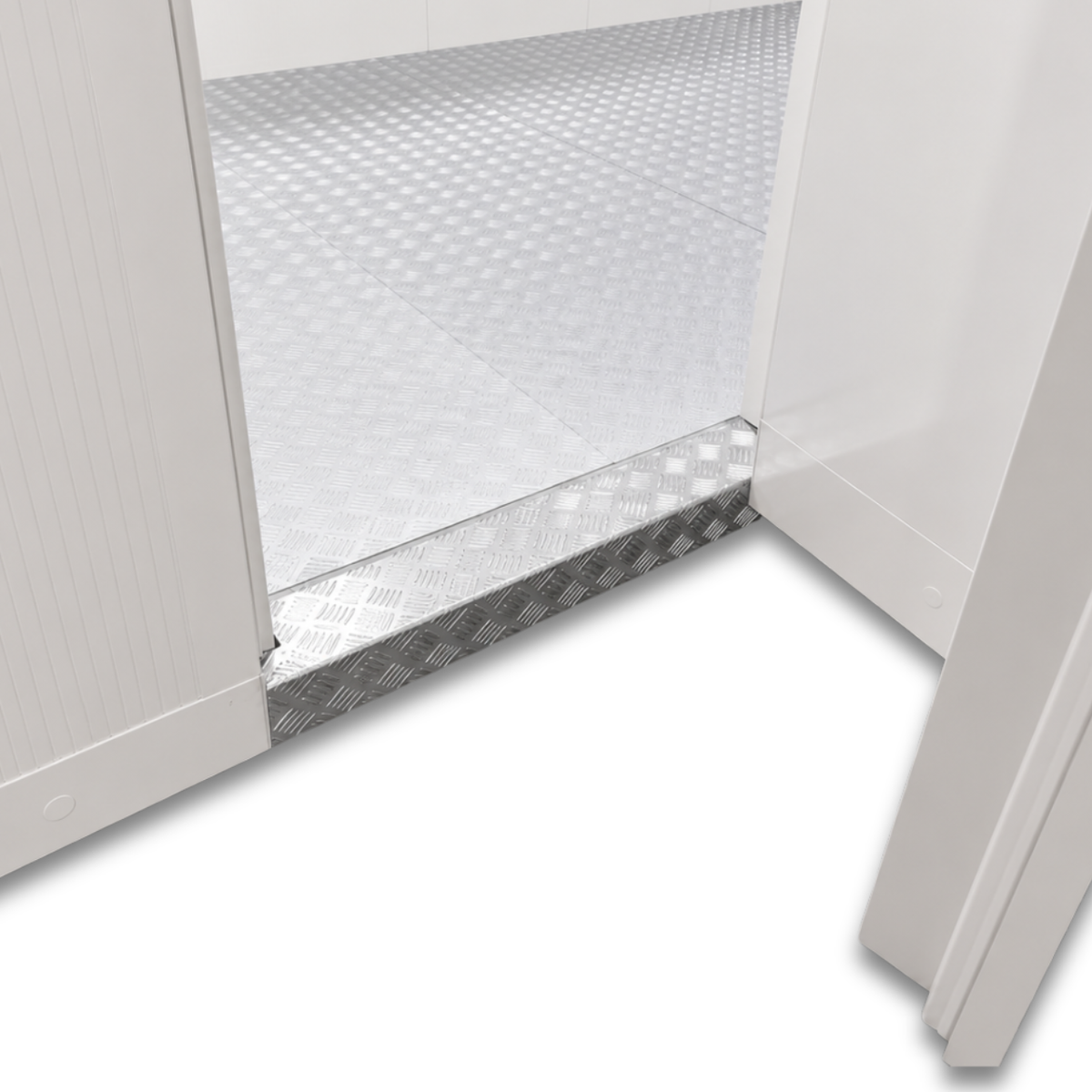 Barr 8'3" x 21'4" x 8'2"H Walk-In Cold Room with Floor — supplier gallery view 2; White walk-in cooler with insulated panels and floor door view