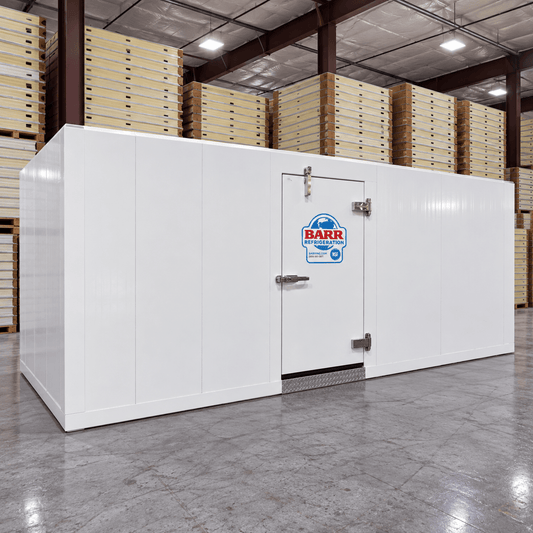 Barr 8'3" x 21'4" x 8'2"H Walk-In Cold Room with Floor — supplier gallery view 1; White walk-in cooler with insulated panels and floor front left view