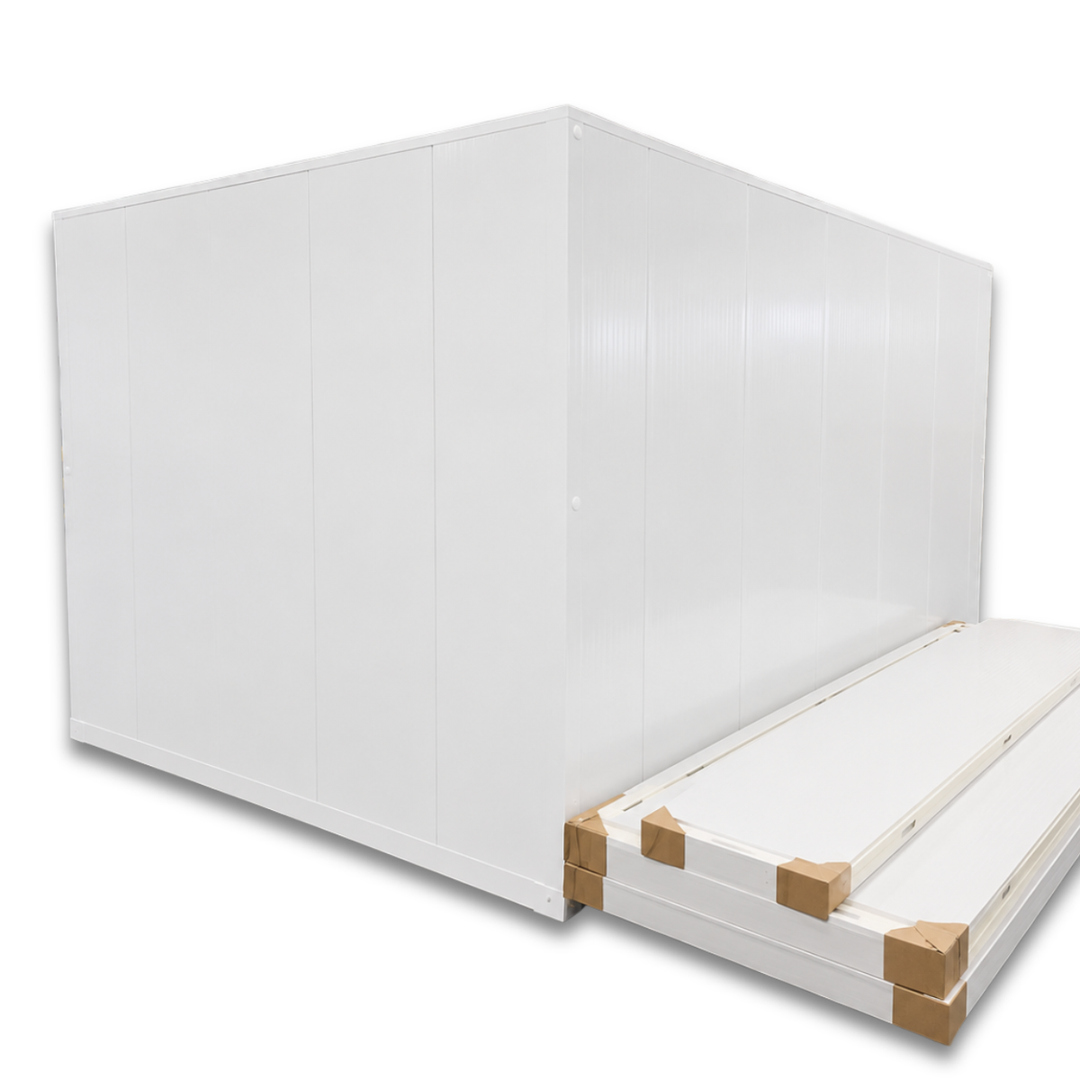 Barr 8'3" x 9'10" x 8'2"H Walk-In Cold Room with Floor — supplier gallery view 2; White walk-in cooler with insulated panels and floor, including ceiling panels stacked nearby back left view