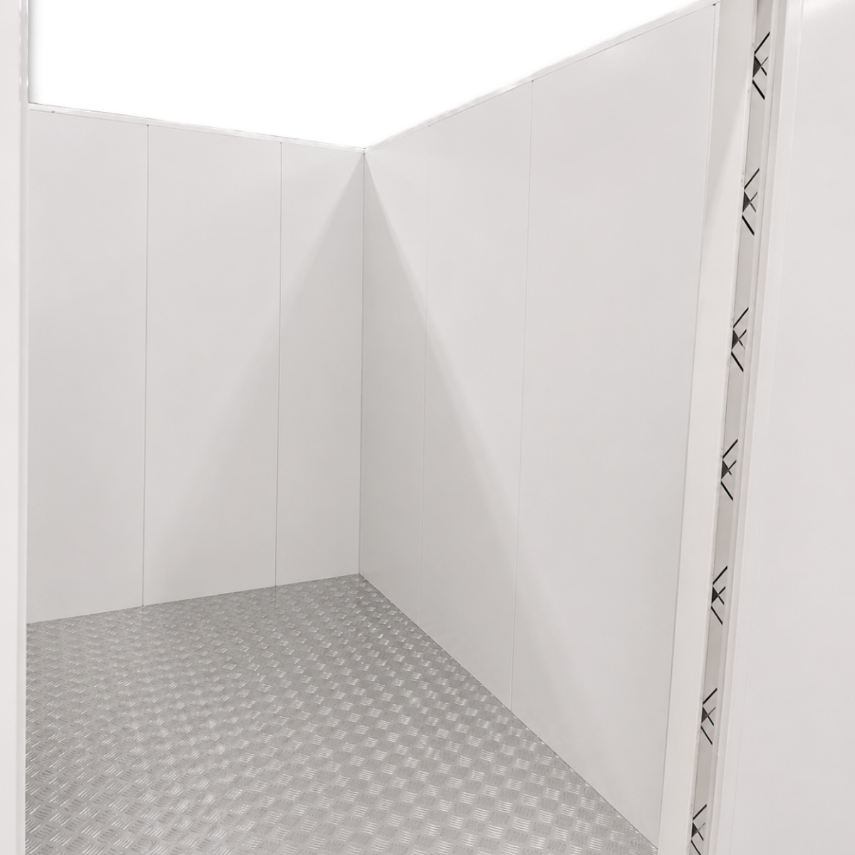 Barr 8'3" x 9'10" x 8'2"H Walk-In Cold Room with Floor — supplier gallery view 4; White walk-in cooler with insulated panels and floor, including ceiling panels stacked nearby inside view