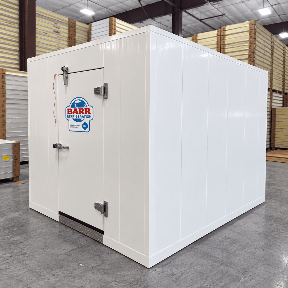 Barr 8'3" x 9'10" x 8'2"H Walk-In Cold Room with Floor — supplier gallery view 1; White walk-in cooler with insulated panels and floor, including ceiling panels front right view