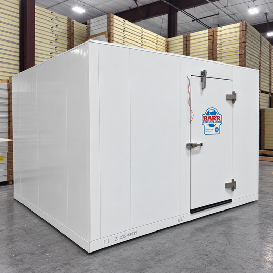 Barr 9'10" x 9'10" x 8'2"H Walk-In Cold Room with Floor — supplier gallery view 1; White walk-in cooler front view