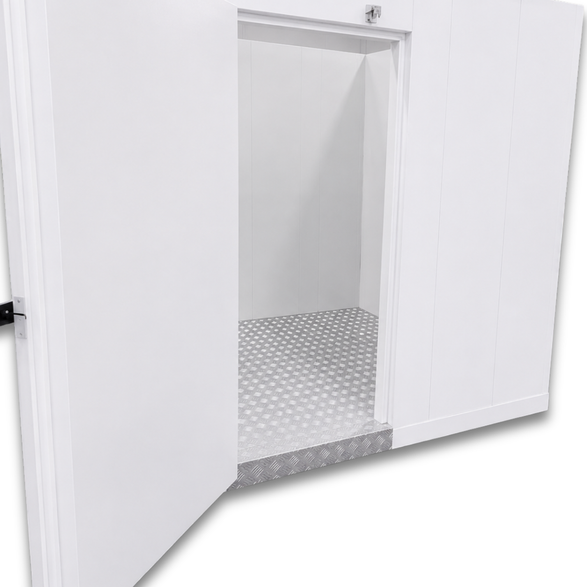 Barr 6'7" x 9'10" x 8'2"H Walk-In Freezer Room with Floor — supplier gallery view 2; White walk-in commercial freezer with an open door revealing a textured floor inside view