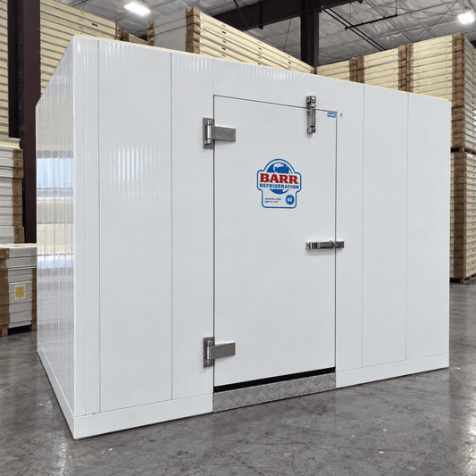 Barr 6'7" x 9'10" x 8'2"H Walk-In Freezer Room with Floor — supplier gallery view 1; White walk-in commercial freezer with an open door revealing a textured floor front left view