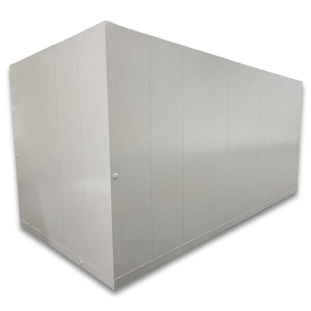 Barr 9'10" x 19'8" x 8'2"H Walk-In Cooler-Freezer Combo with Floor — supplier gallery view 2; Back view of a white walk-in combo cooler-freezer with two doors and stainless hardware