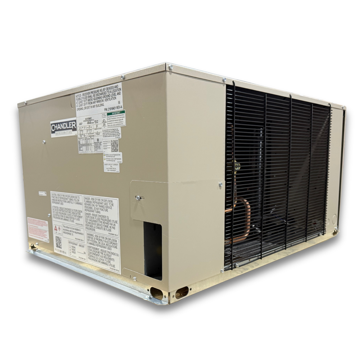 New 1.5 HP Medium Temp System, 1 phase 208-230 volt — supplier gallery view 2; Beige condensing unit front showing the interior.