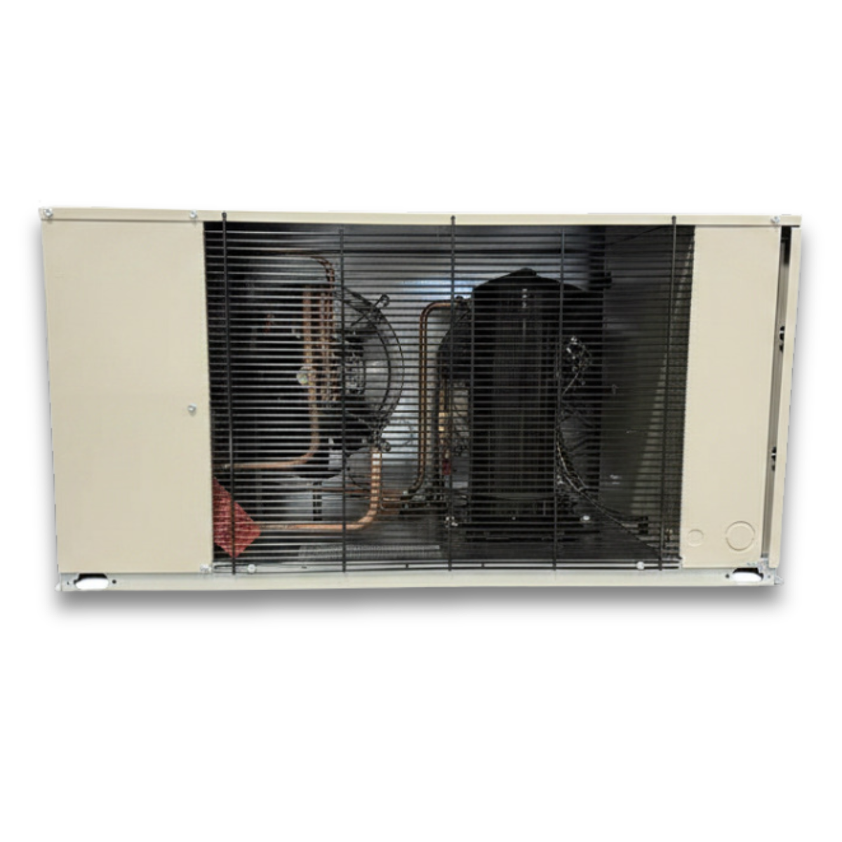 New 1.5 HP Medium Temp System, 1 phase 208-230 volt — supplier gallery view 3; Beige condensing unit front side view showing labels.