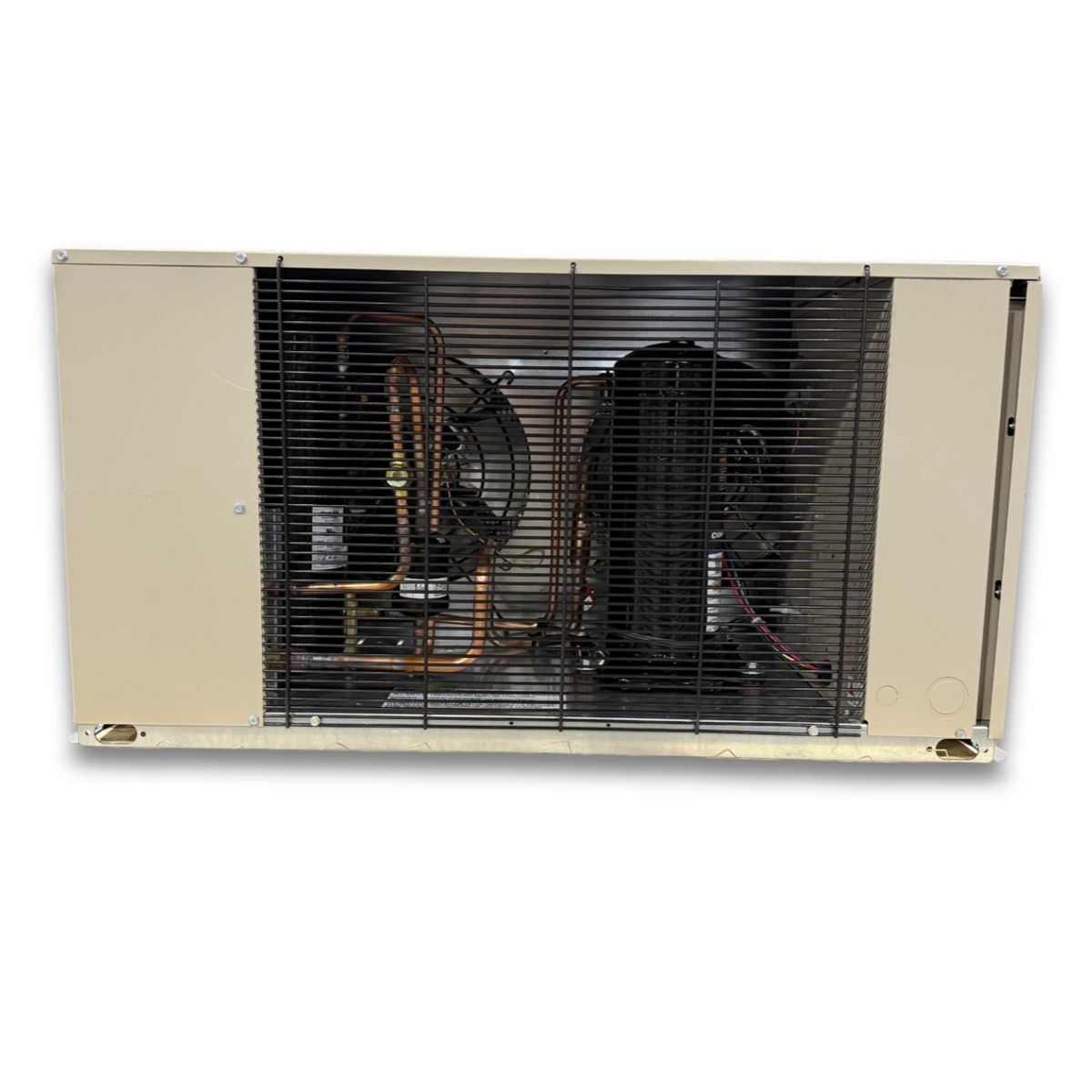 New 2.5 HP Medium Temp System, 1 phase 208-230 volt — supplier gallery view 3; Beige condensing unit front showing the interior.
