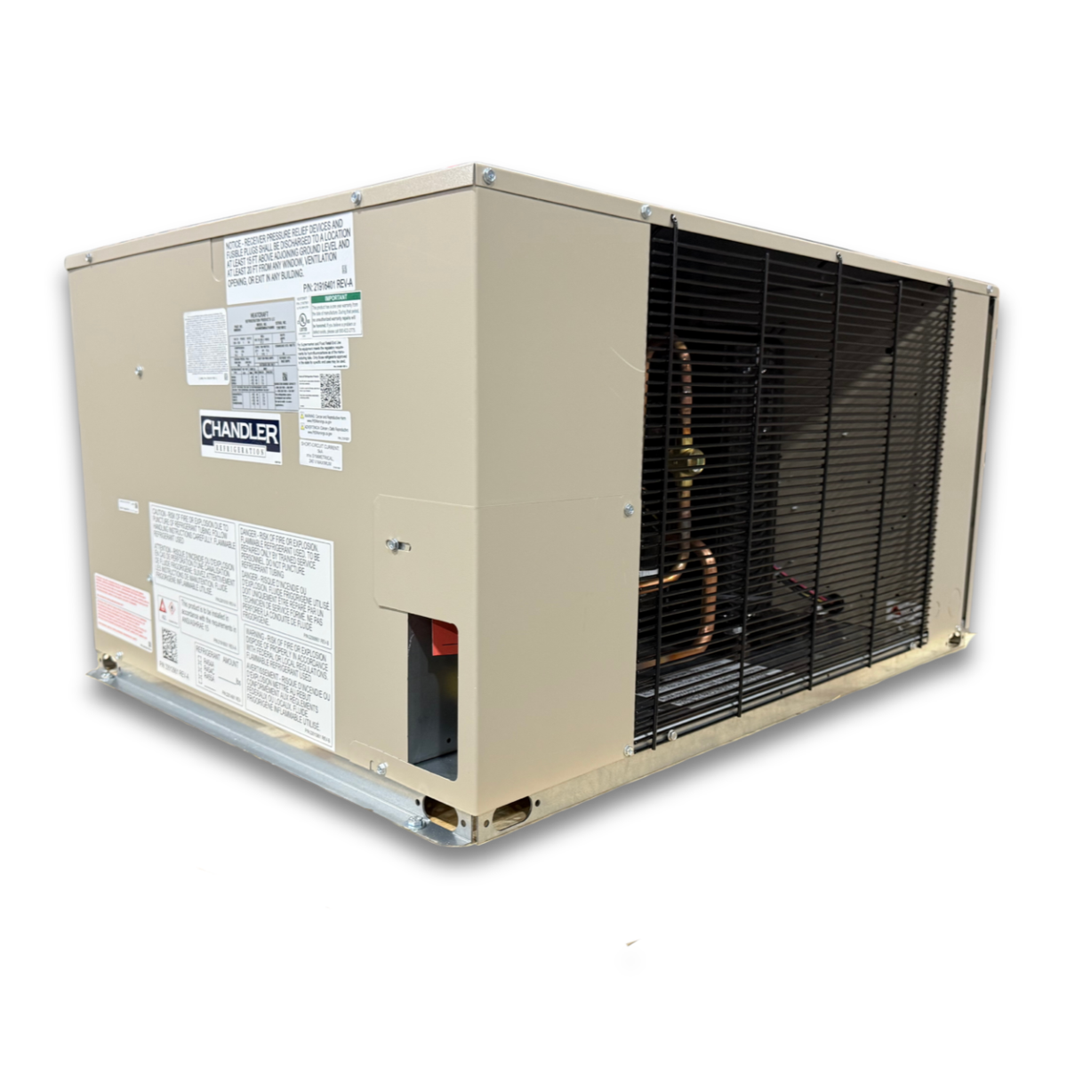 New 2.5 HP Medium Temp System, 1 phase 208-230 volt — supplier gallery view 2; Beige condensing unit front side view showing labels.