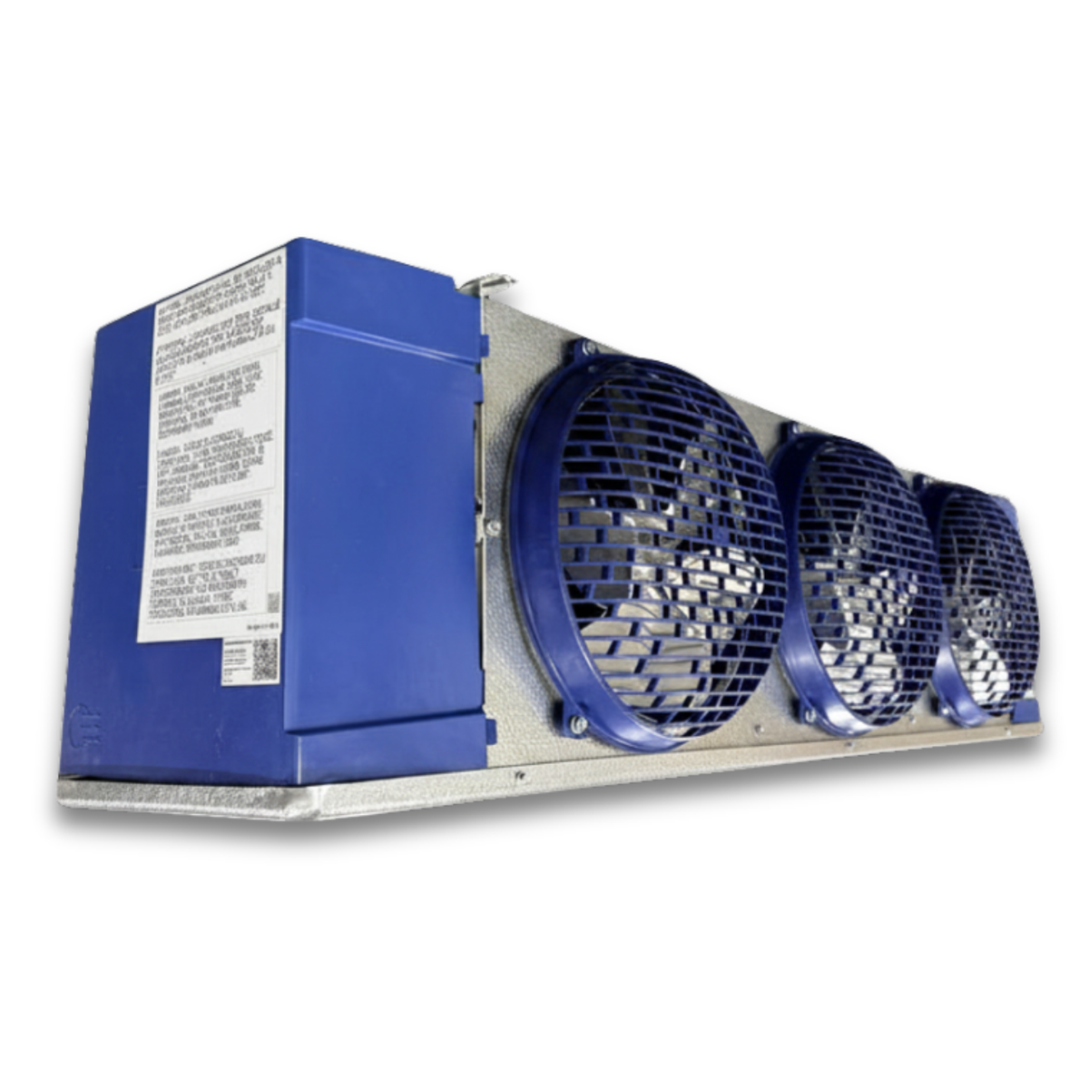 Chandler HEL0155AY6AMAG0210 Air Defrost Evaporator with IntelliGen — supplier gallery view 3; Blue/gray evaporator with three fans front side view showing labels.