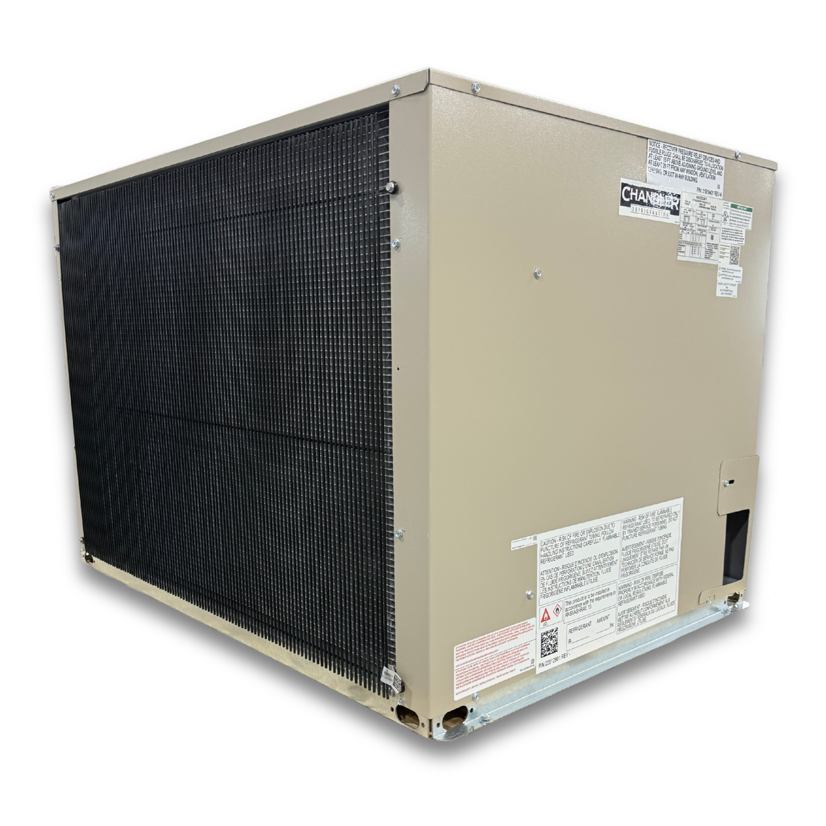 New 3 HP Low Temp System, 1 phase 208-230 volt — supplier gallery view 4; Beige condensing unit backside view.