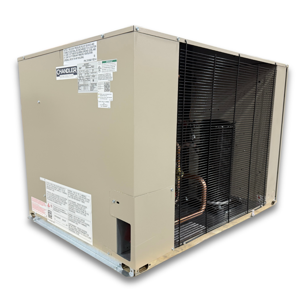 Chandler HCH0030LBACYA0000 3 HP Low Temp Condensing Unit — supplier gallery view 1; Beige condensing unit with front side view showing labels.
