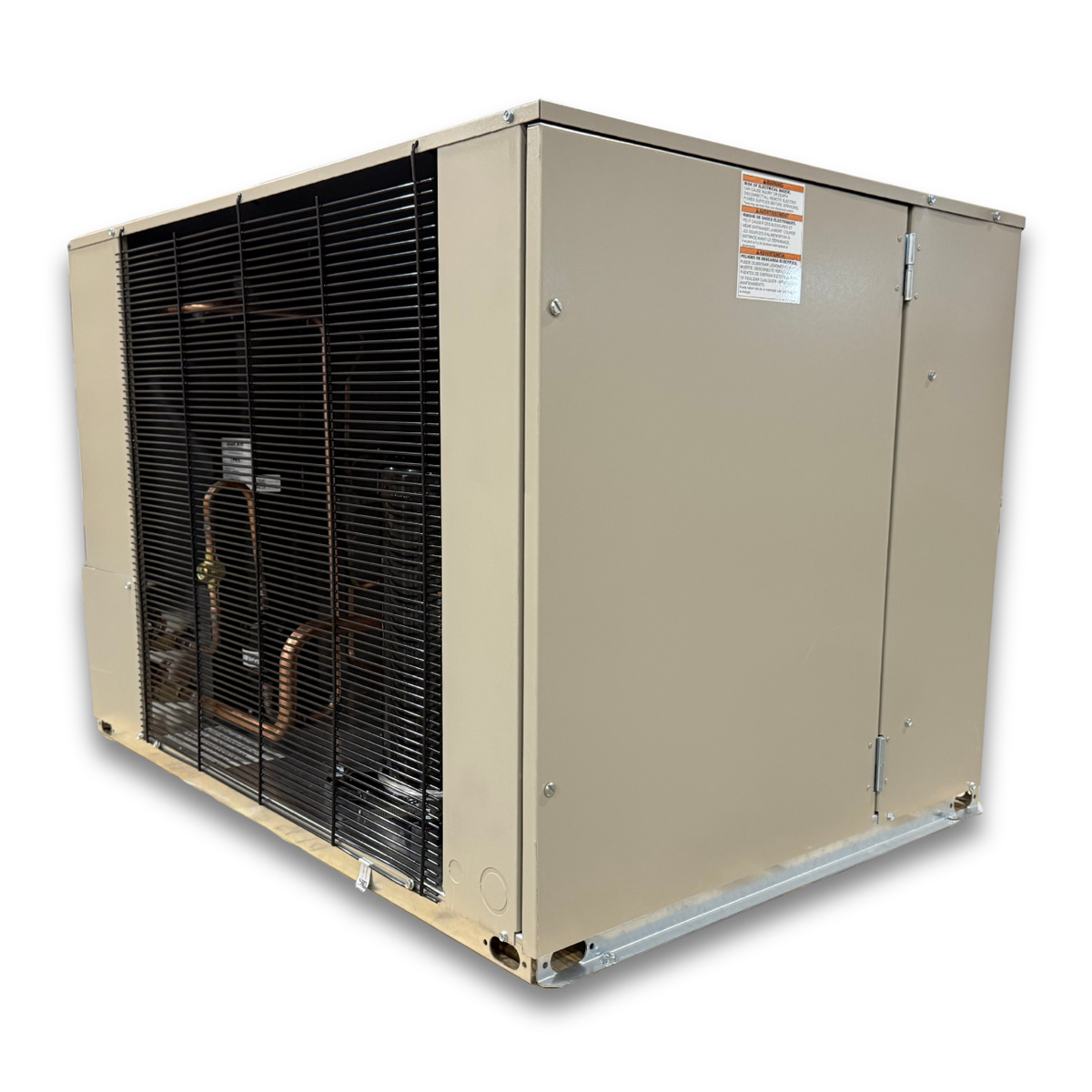 Chandler HCH0030MCACYA0000 3 HP Medium Temp Condensing Unit — supplier gallery view 3; Beige condensing unit with side front view showing labels.