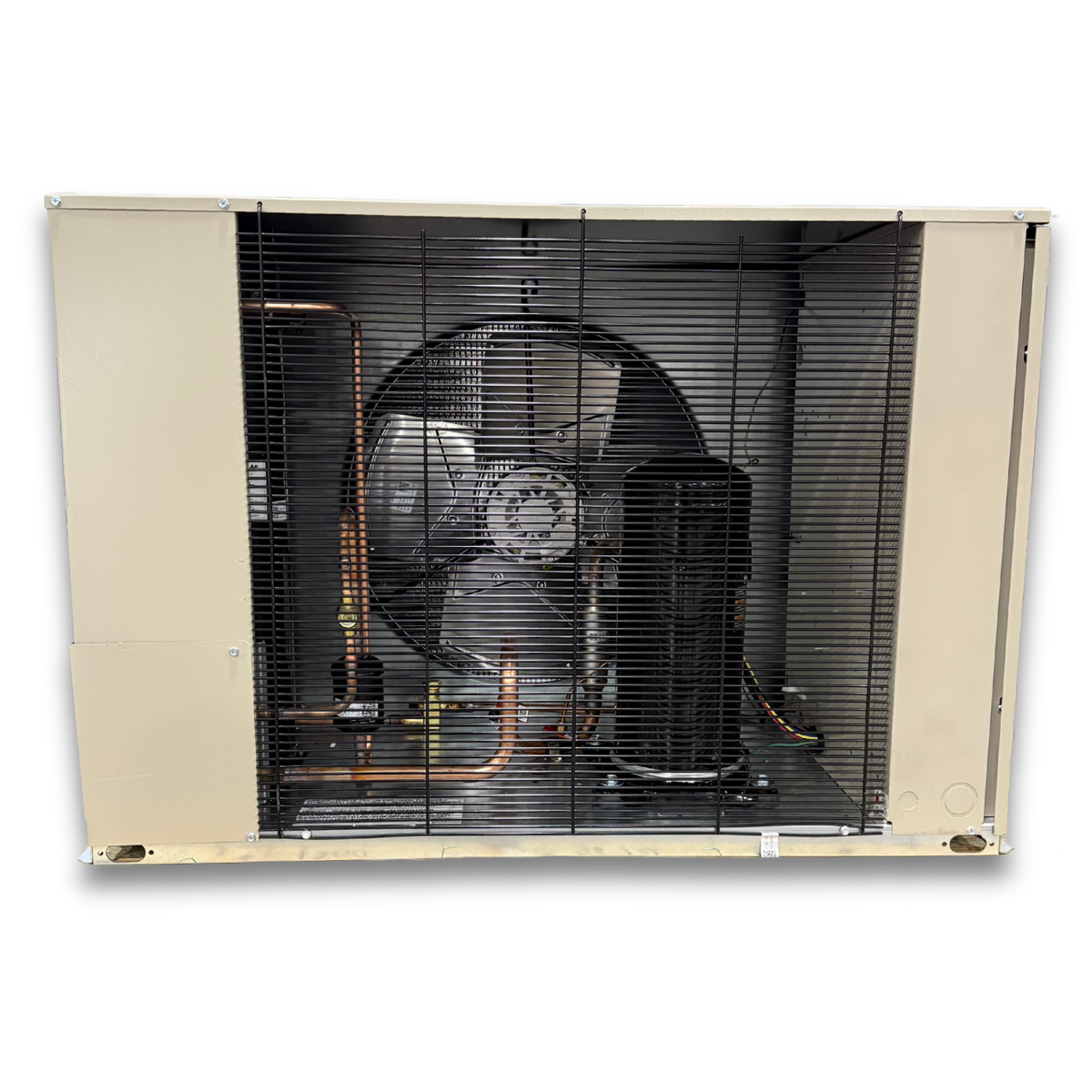 New 3 HP Medium Temp System, 1 phase 208-230 volt — supplier gallery view 3; Beige condensing unit front showing the interior.
