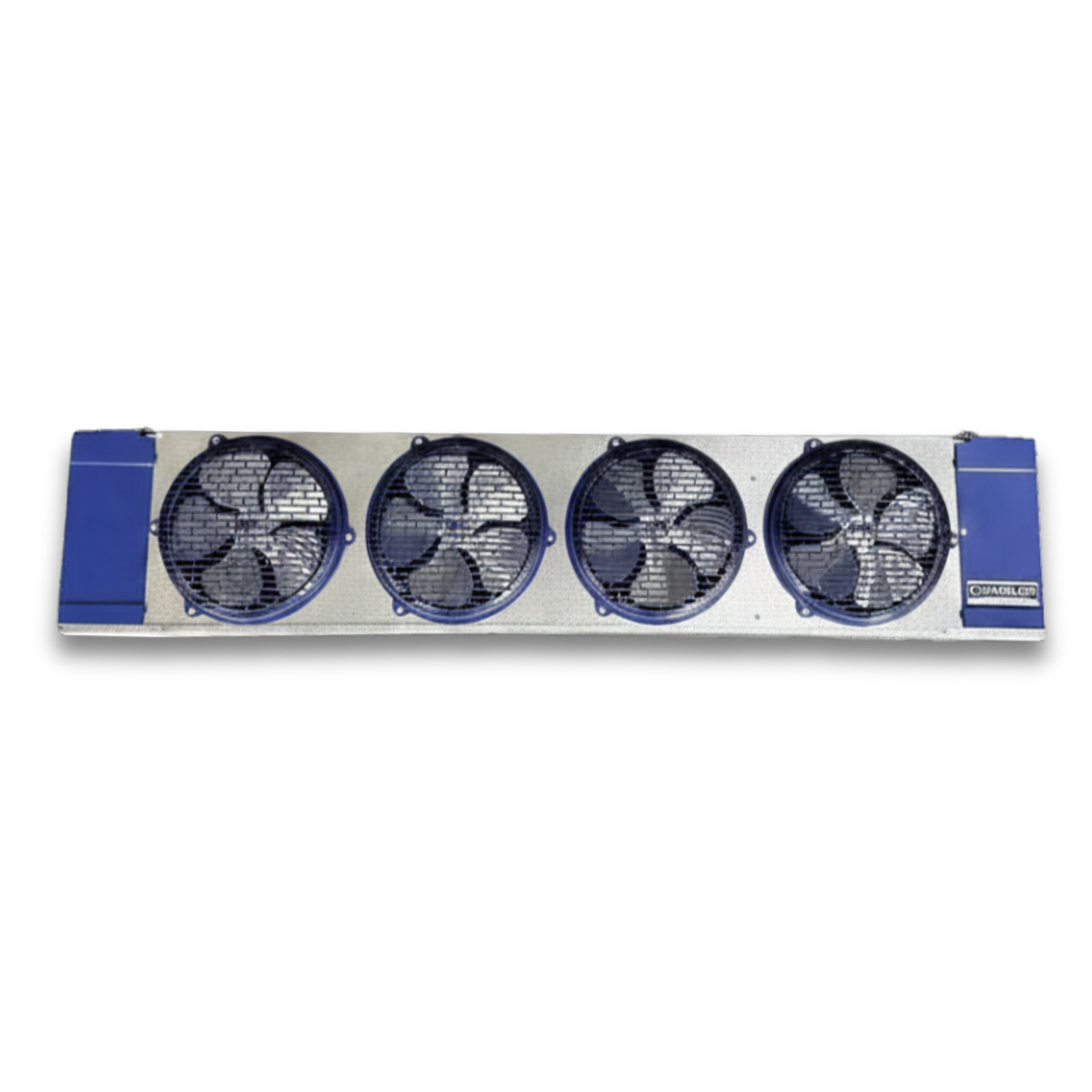 New 3 HP Medium Temp System, 1 phase 208-230 volt — supplier gallery view 6; Blue/gray evaporator with four fans front view.