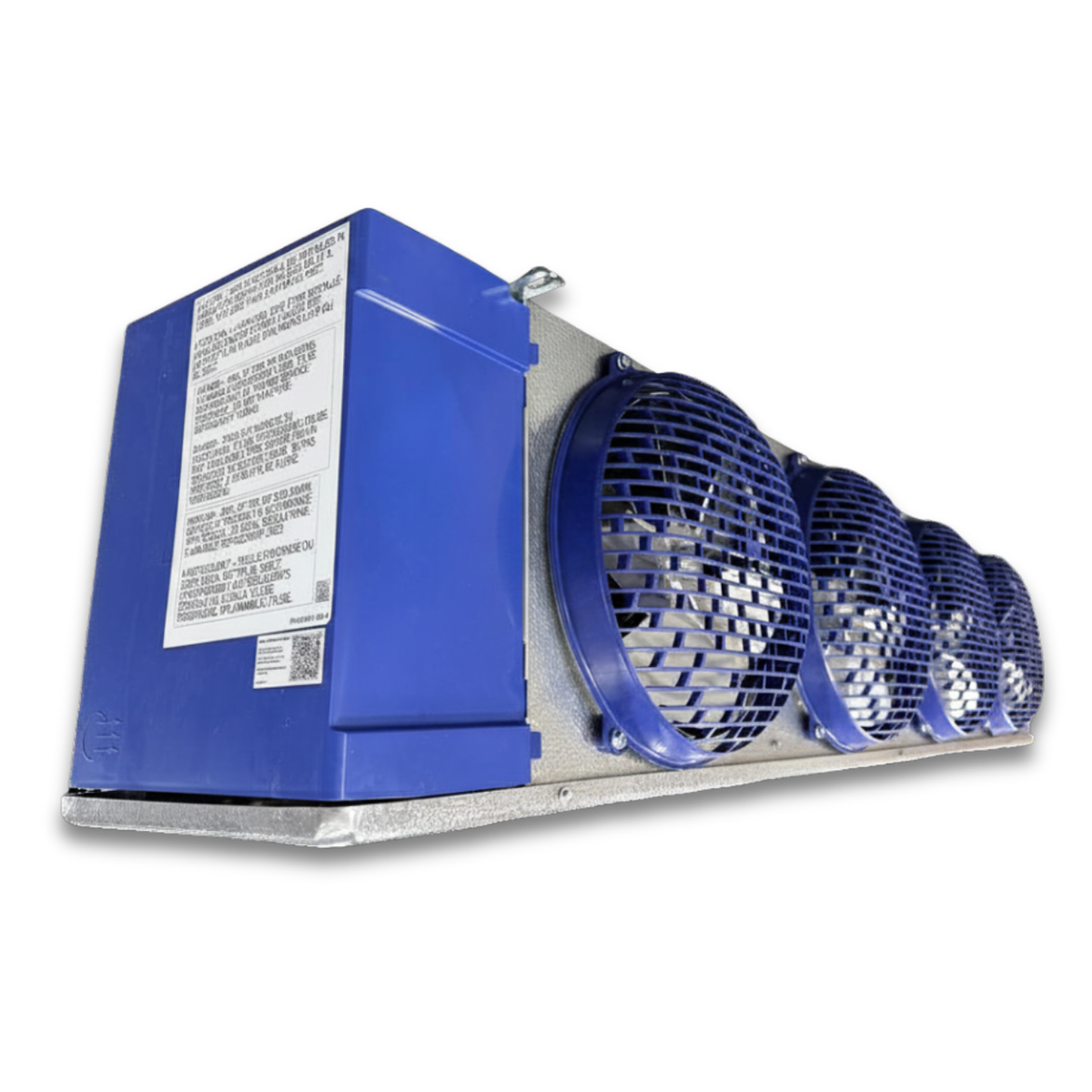 Chandler HEL0250AY6AMAB0000 Air Defrost Evaporator — supplier gallery view 3; Blue/gray evaporator with four fans front side view showing labels