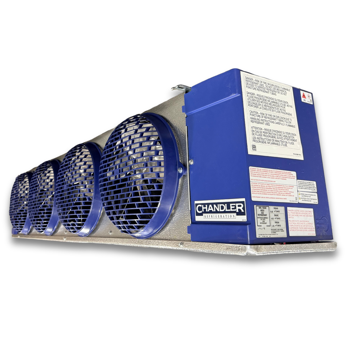New 3 HP Medium Temp System, 1 phase 208-230 volt — supplier gallery view 5; Blue/gray evaporator with four fans front side view showing labels.
