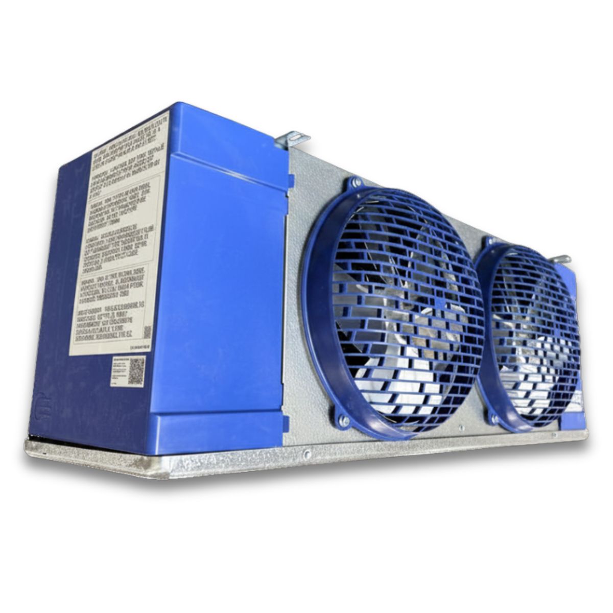 Chandler HEL0065BY6EMAB0000 Electric Defrost Evaporator — supplier gallery view 3; Blue/gray evaporator with two fans front side view showing labels.