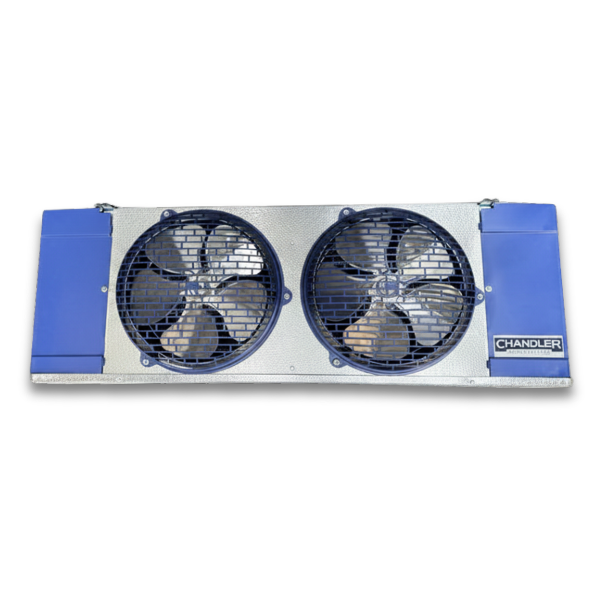 Chandler HEL0065BY6EMAG0210 Electric Defrost Evaporator with IntelliGen — supplier gallery view 2; Blue/gray evaporator with two fans front view.
