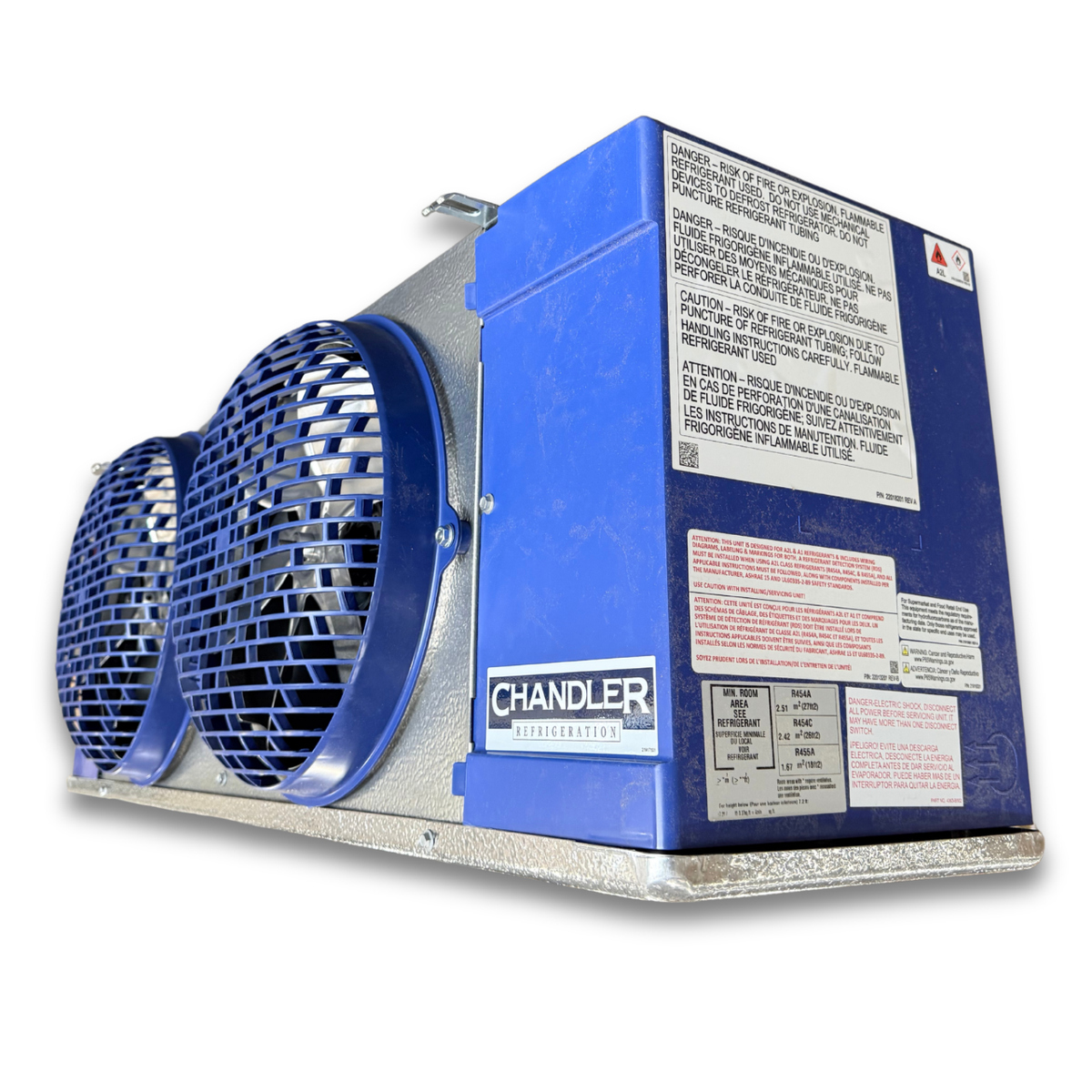 Chandler HEL0065BY6EMAB0000 Electric Defrost Evaporator — supplier gallery view 1; Blue/gray evaporator with two fans front side view showing labels.