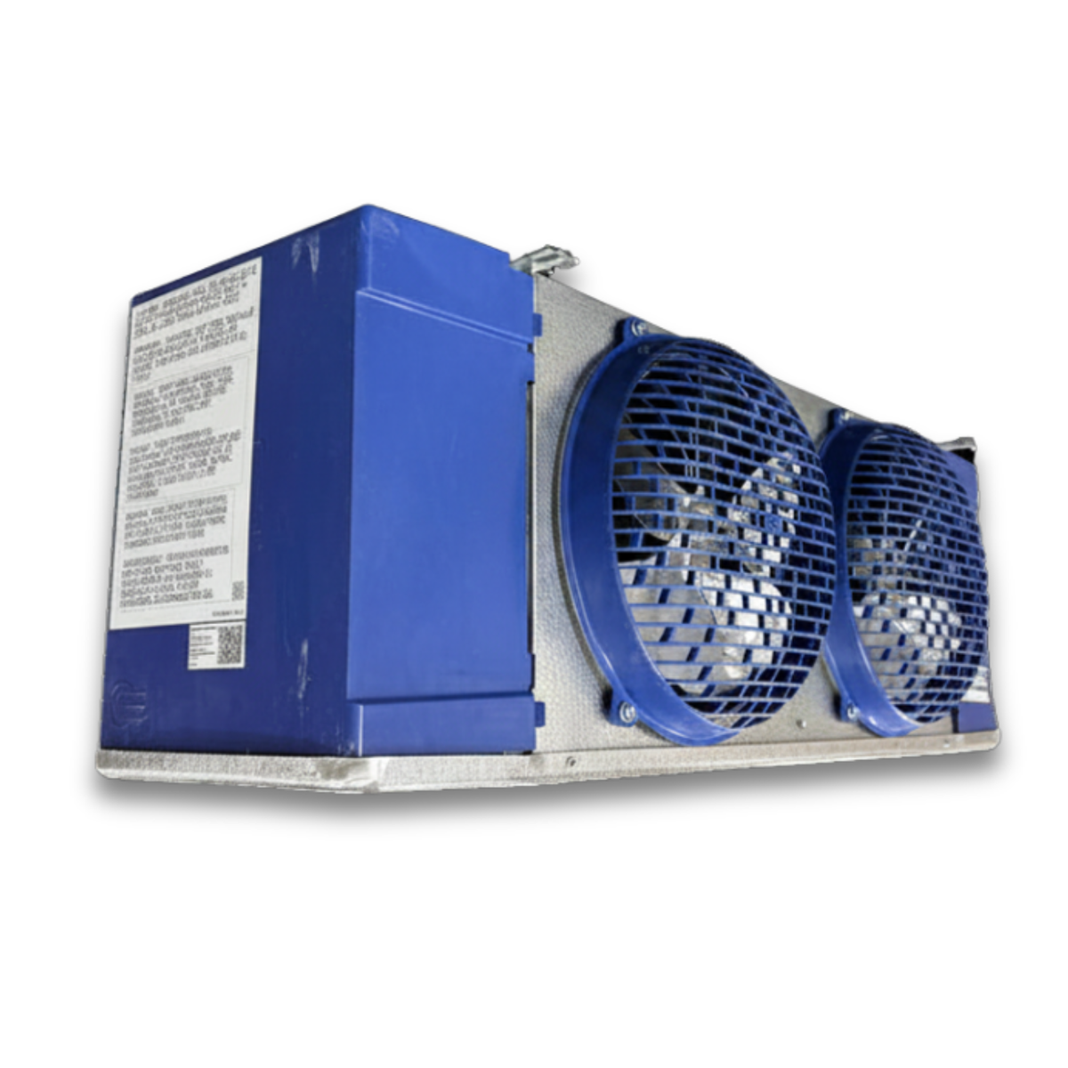 Chandler HEL0100BY6EMAG0210 Electric Defrost Evaporator with IntelliGen — supplier gallery view 3; Blue/gray evaporator with two fans front side view showing labels.